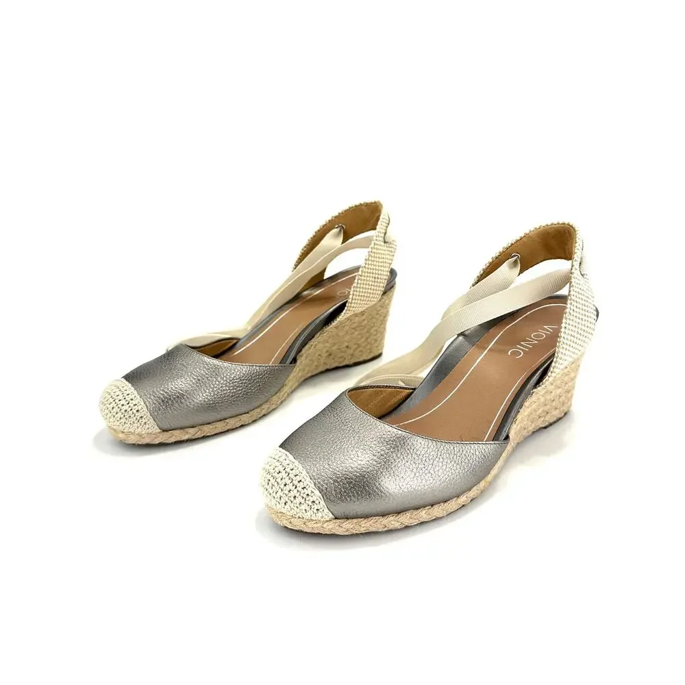 Vionic Maris Wedge Sandal Size 9/41 Gray/Pewter Leather Espadrille Closed Toe